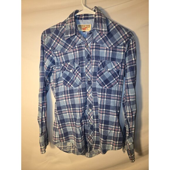 Youngbloods Western Wear Plaid Flannel Blue Button Up Snaps SIze Mens Small S - Picture 1 of 2